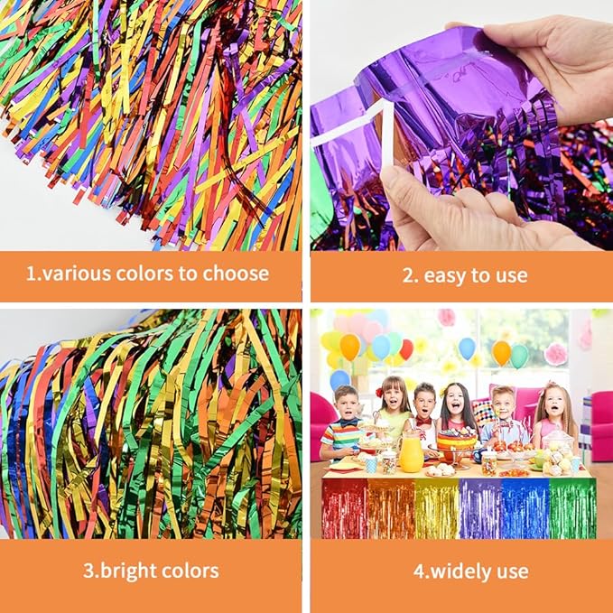 BEISHIDA 2 Pack Gold Metallic Tinsel Foil Fringe Table Skirts - Decors for Rectangle & Round Tables - Birthday & Holiday Party