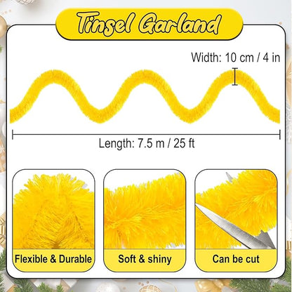25 Feet Macaron Yellow Christmas Tinsel Garland, Metallic Foil Twist Banner Wall Hanging Tinsel Streamers Backdrop for Parade Floats, Christmas, Mother's Day, Birthday Party Decorations(4in x 25ft)