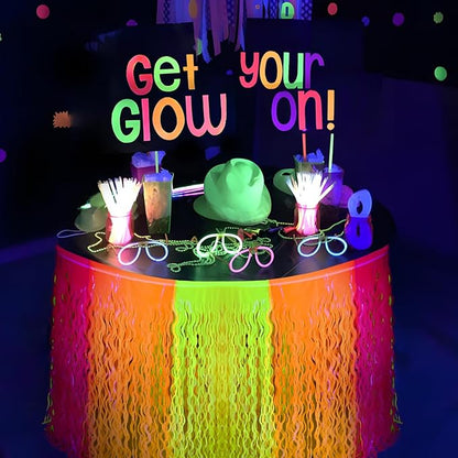 Mega-L Glow in The Dark Party Supplies, 2 Pack Neon Party Decorations Fluorescent Macaron Orange, Yellow and Fuchsia Wavy Metallic Tinsel Foil Fringe Table Skirts, Perfect Table Decors Glow Decors