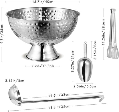 12L Hammered Large Ice Bucket for Parties - 16"x16"x10" Huge Punch Bowl with Ladle - Stainless Steel Bucket for Cocktail Bar - Lightweight Champagne Bucket with Scoop