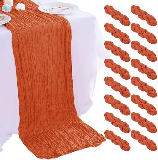 16PCS Orange Cheesecloth Table Runner - 10FT x 35x120Inch Boho Gauze Cheese Cloth Table Runner for Wedding Party, Baby Bridal Shower Table Decor