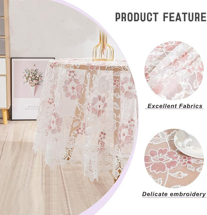 Round Embroidered Lace Tablecloth Vintage Decorative Exquisite Border Table Cover for Party Wedding Home Decorations, Round-60, White