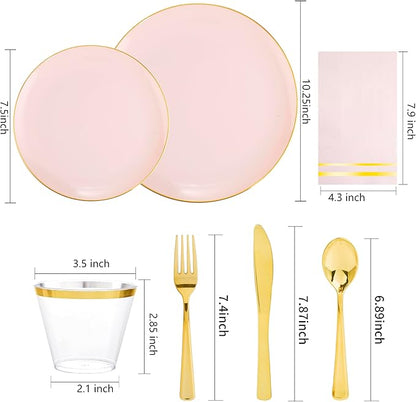 NOCCUR 350PCS Pink and Gold Plastic Plates - Pink Disposable Plastic Dinnerware Set for 50 Guests Include 50 Dinner Plates,50 Dessert Plates,150 Gold Cutlery,50 Cups&50 Napkins for Party&Wedding