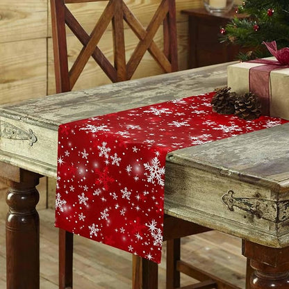 Christmas Snowflakes Cotton Linen Table Runner for Dining Kitchen, Red Xmas Winter Snow Wedding Outdoor Party Tablerunners Decoration, New Year Dresser Scarf Coffee Tablecloth Runners 13x90 Inches