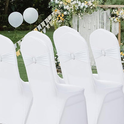 Howhic Pack of 60 Spandex Chair Sashes Bows Stretch Chair Cover Band with Buckle Slider Universal Elastic Chair Ties for Wedding Banquet Party Event Decoration (White)