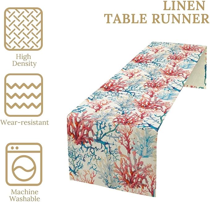 Blue Beach Table Runner, Tropical Ocean Coast Table Runner, Seashell Seasonal Nautical Restaurant Coffee Table Decorations for Home Holiday Party Indoor Outdoor 13x120 Inch