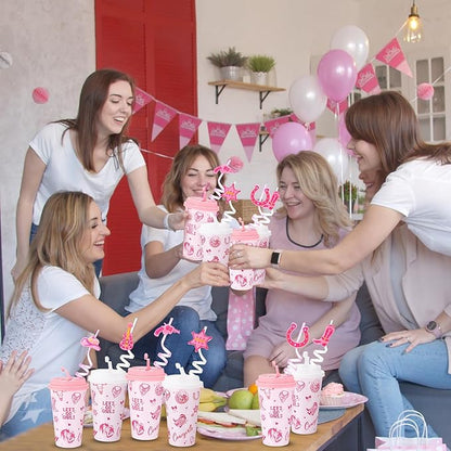 Yungyan 24 Sets Pink Cowgirl Party Favors Goodie Cups with Lids and Straws for Halloween Party Decorations Reusable 16oz Plastic Candy Cups Plastic Straws for Birthday Gift(Pink Cowgirl)