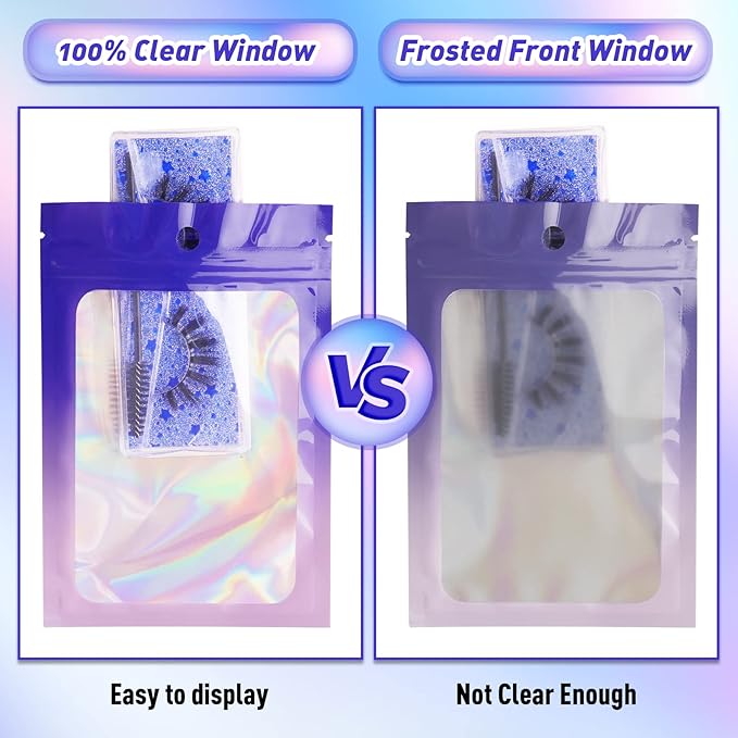 Funfery 100 Pack Gradient Holographic Bags,Mylar Resealable Bag with Zipper,Clear Window Packaging Pouchs, Smell Proof Foil Bag for Food Storage,Sample Jewelry Baggies(5.5x7.9In,Purple Pink)