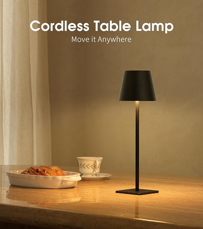 UME Cordless Table Lamp, Battery Operated Lamp - Portable Waterproof Rechargeable Table Lamp w/ 3 Color Temps & Stepless Dimming for Dinner, Desk, Cafe, Outdoor (Black)