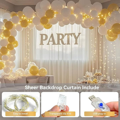 10×10ft Tulle Backdrop Curtains with Lights String - 300LED Fairy Lights Sheer Curtain Backdrop for Weddings Baby Shower and Birthday Party Decorations(4 Panels 5×10ft)