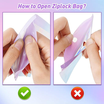Funfery 100 Pack Holographic Mylar Bags,Clear Window Smell Proof Bag Foil Seal Pouch Resealable Bags with Zipper,Packaging Bag for Food Storage,Lash,Jewelry,Business Supplies(3×4.7in, Purple Blue)