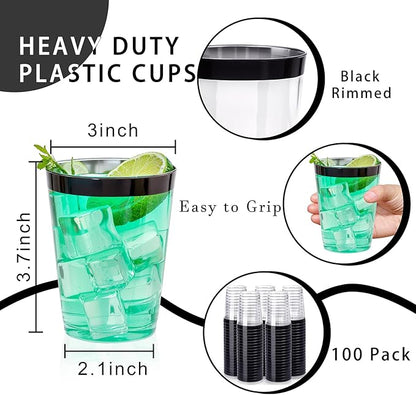 DaYammi 100 Pack Black Plastic Cups 10Oz Clear Disposable Cups with Black Rim, Clear Cocktail Cup Heavy Duty Disposable Wine Glasses Disposable Fancy Plastic Cups for Halloween Party
