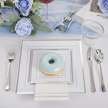 Festiva 350Pcs Silver Plates - Silver Square Plastic Plates 9 .5" and 6" - serve for 50 guests include 50 Cups 50Plastic Cutlery 50Hand Napkins Perfect for Party&Wedding&Birthday&Easter Day