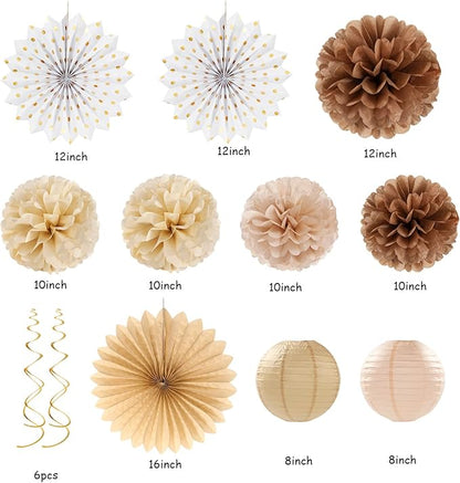Boho Baby-Shower White-Brown Champagne Fall Party-Decorations - 33pcs Banner,Streamers Tassel Garland,Tissue Pom Poms Honeycomb,Paper Lantern Fan,Autumn,Bridal,Christmas,Birthday,Wedding Decor Hugtmr