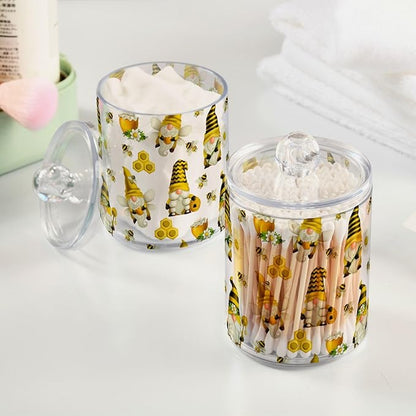Qtip Holder Dispenser 4 Pack Gnome Bees Flying Dwarf Daisy Apothecary Jars with Lids Bathroom Vanity Countertop Canister Storage Organizer for Cotton Ball,Swabs,Pads,Floss
