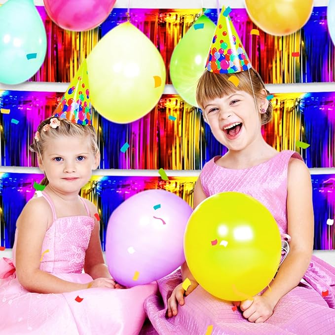 4 Pack 10 Feet Rainbow Foil Fringe Garland Metallic Tinsel Streamers Banner Wall Hanging Curtain Backdrop for Parade Floats, Wedding, Graduate, Mother's Day, Birthday Party Decoration