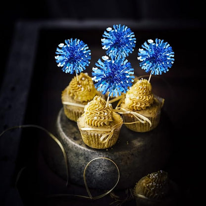 Ephlyn 30Pcs Foil Firework Cupcake Toppers Blue Tinsel Flower Drink Stirrers Cocktail Food Fruit Cake Toppers for Valentine's Day Party Decorations Blue