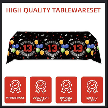 123pcs 13th Red and Black Party Decorations,Happy Birthday Banner Flags Paper,cups Straws Forks Cake Toppers Dessert plates Tablecloths and dinner plates,Officially a Teenager 13th Birthday Supplies