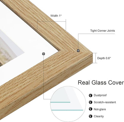 8.5x11 Picture Frame Set of 2, Natural Oak Certificate Document Frames with Glass Collage Frame, Display Pictures Two 5x7 With Mat or 8.5 x 11 Without Mat for Wall Hanging or Tabletop