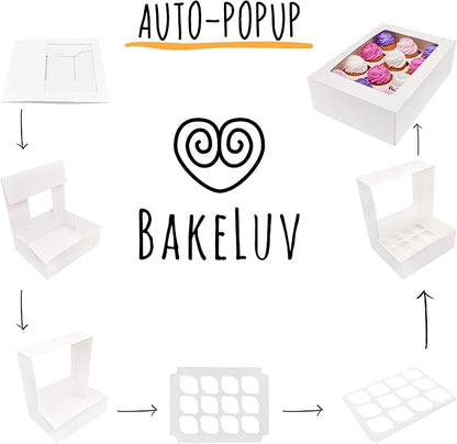BAKELUV White 12 Cupcake Boxes, Cupcake Containers | 13x9.5x4, 50 Pack