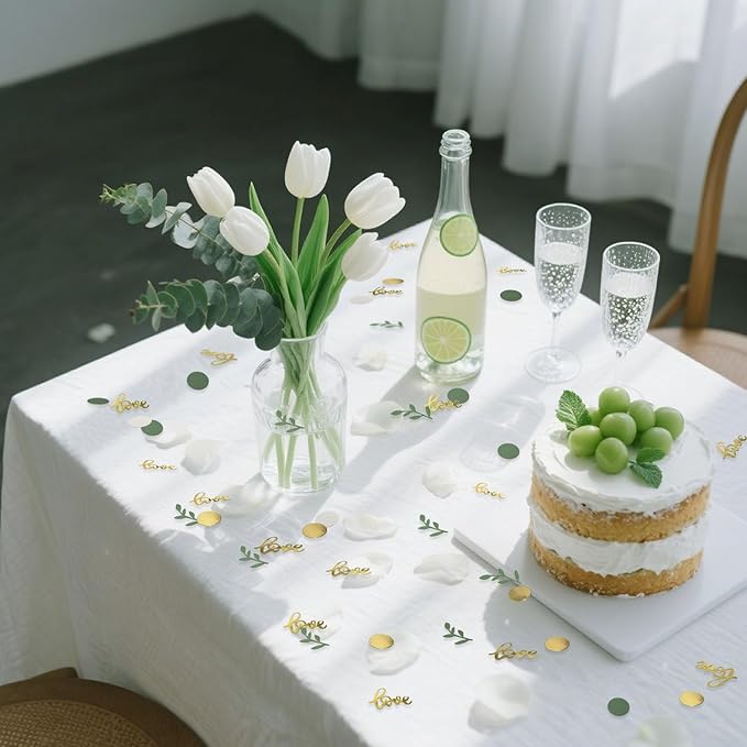200 Pcs Gold Glitter Wedding Table Confetti, Greenery Eucalyptus, Bridal Shower Decorations, Gold Love Confetti, Engagement Party Scatters