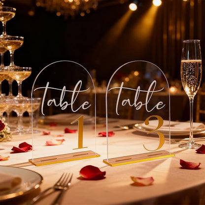 Arch Wedding Table Numbers 1-10 with Stands, 5” x 7” Elegant Acrylic Display Signs with Golden Text, Perfect Table Numbers for Wedding Reception, Centerpiece, Decoration, Party, Anniversary and Event