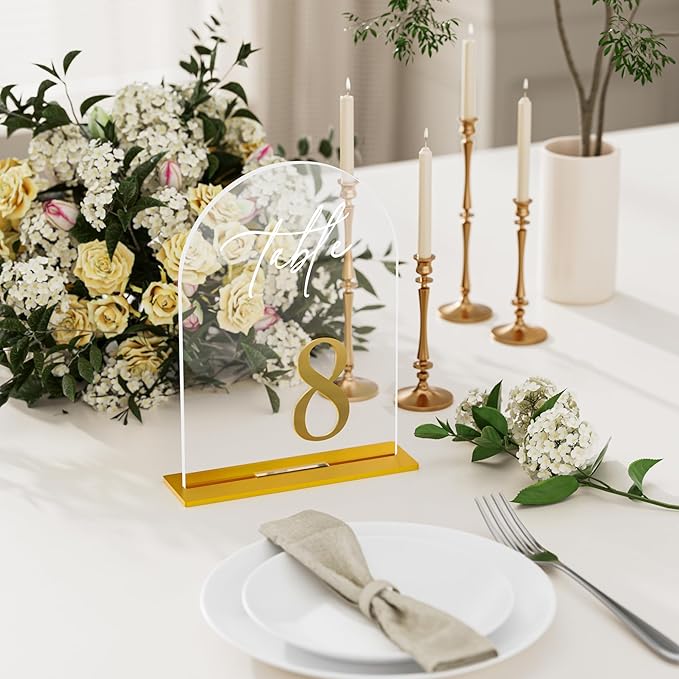 Arch Wedding Table Numbers 1-30 with Stands, Elegant Gold Number 5.5 x 7” Arch Acrylic Signs with Holder, Clear Acrylic Table Numbers for Wedding Reception, Anniversary, Party, Events