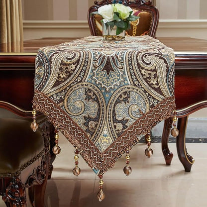 Luxury Vintage Design Table Runner 60 inches Long Embroidery Jacquard Fabric with Multi-Tassels Table Runners for Dining Room Dresser Wedding Holiday Party Fireplace Decorations (Coffee, 12X60inch)