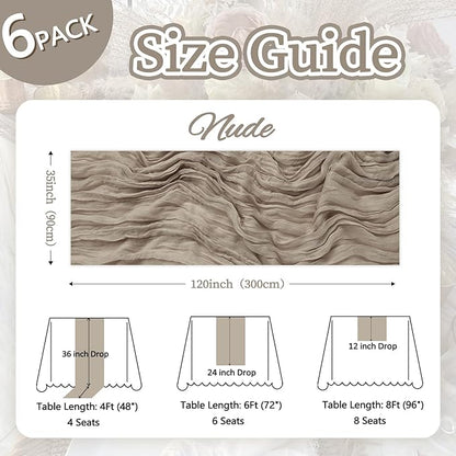 6 Pack Nude Cheesecloth Table Runner 10ft Boho Gauze Fabric Cheese Cloth Table Runner 35 x 120 Inch Rustic Sheer Runner for Romantic Wedding Decor Baby Shower Party Table Centerpiece Decoration