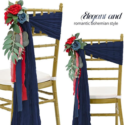 50 PCS Cheesecloth Chair Sashes Bows Wedding Aisle Decorations Chair Ribbon Ties Back Sash for Wedding Party Events Banquet Chair Cover Decoration (Navy Blue)