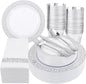 Festiva 350PCS Silver Plastic Dinnerware Set - Disposable Lace Silver Plates and Napkins Party Supplies - include plates,napkins,cups,silverware - Serve for 50 Guests Party&Wedding