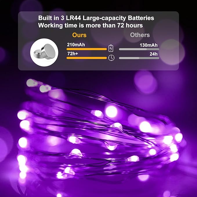pozzolanas 50 Pack Purple Battery Operated String Lights - 7 ft Waterproof Fairy Lights with 20 LEDs for Home, Mason Jar, Party, Wedding, Halloween, Christmas Decorations