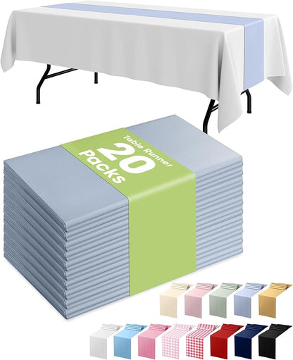 Pureegg Dusty Blue Plastic Table Runners - 20 Pack, 14'' x 108'', Water Resistant & Disposable Centerpiece Decorations for Table Cloth, Wedding, Birthday, Holiday, Baby Shower, Party, Home Decor