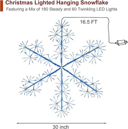 30’’ Christmas Snowflake Lights Outdoor, Pre-lit 240Pcs Blue LEDs Hanging Blue Snowflake Decoration for Home Indoor Outdoor Window Silhouette