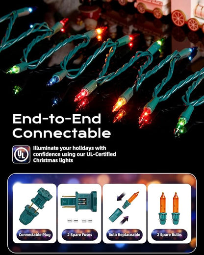 Brightown Multicolor Christmas String Lights, 200-Count 50ft Incandescent Bulb Mini Lights for Indoor Holiday Decor, Christmas Tree Garland Wedding Party Multi-Use Festival Decoration, Green Wire