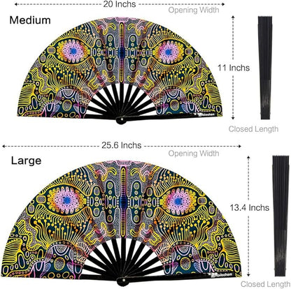 UV Glow Rave Fan, Bamboo Folding Clack Hand Fans Foldable for Men Women, Boots on the Ground Poping Fan for EDM Festival Line Dance Decoration, (Space Psychedelic, Medium 11")