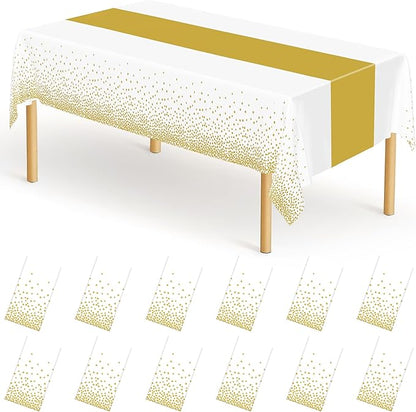 QZYL 12Pack Table Cloth Rectangle Tables, 54" x 108" Disposable Party White Table Cloths with Gold Dot, Waterproof Table Covers for Birthday Outdoor Wedding New Year Eve Birthday Decorations Supplies