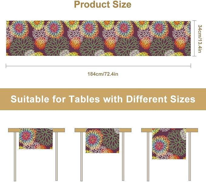 Brown Dahlia Flower Table Runner, Linen Geometric Pattern Floral Table Decor Spring Farmhouse Decorations for Kitchen Dining Holiday Party Decor, 13x70 Inch