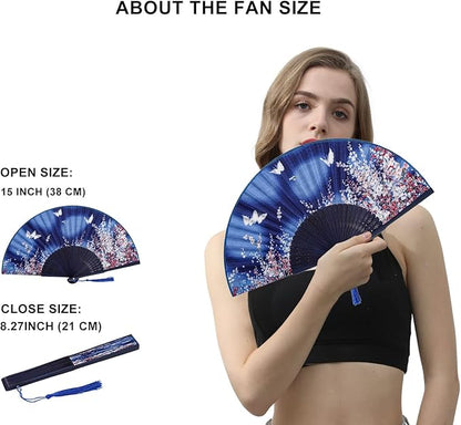 Amajiji 8.27"(21cm) Hand Held Bamboo Silk Folding Fan Hand Fan,Chinese/Japanese Charming Elegant Vintage Retro Style,Women Ladys Girls Best Gifts (Blue Butterfly)