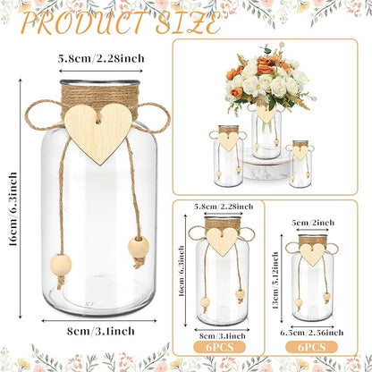 Vintage Glass Vases for Flowers, Set of 6 Mason Jar Vase Table Centerpieces for Farmhouse Room Decor, Wedding, Bridal Shower Bud Vase Set (Medium)