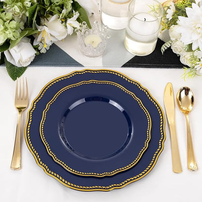 Hioasis 60pcs Blue Plastic Plates - Blue and Gold Disposable Dinnerware with Gold Rim, Heavy-duty, 7.5 inch, Dessert Plates for Party & Wedding