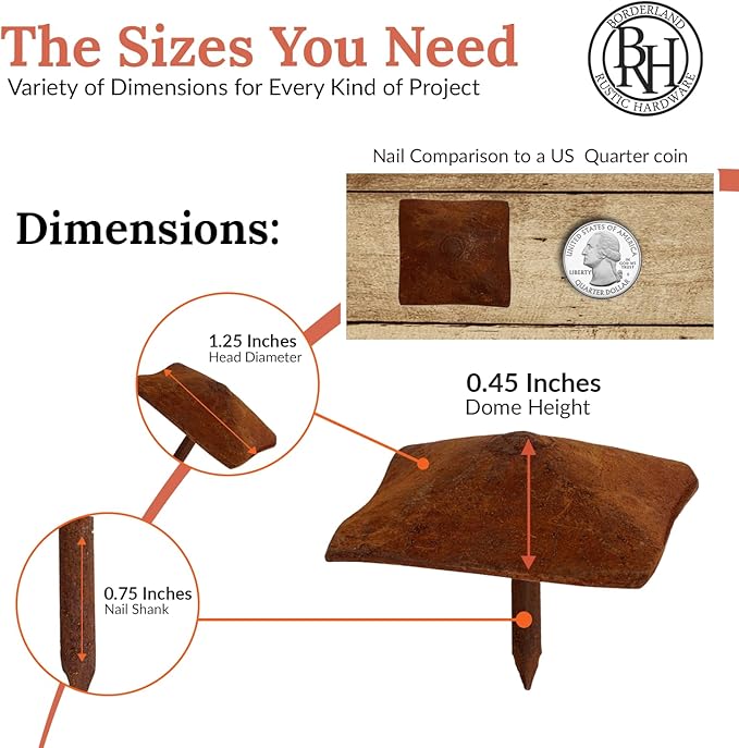 50 Pack 1.25" Square Head Iron Clavos Decorative Nails – Rusted – Handmade Rustic Square Fasteners for Farmhouse Shutters, Faux Wood Beams, Barn Doors, Shutters, and Gates – Ornamental Wood Accent