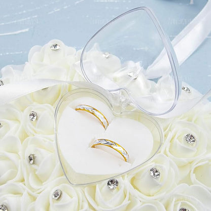 AUEAR, White Wedding Ring Holder Pillow Heart Shape Lace Rose Flower Rhinestone Crystal Box for Ceremony