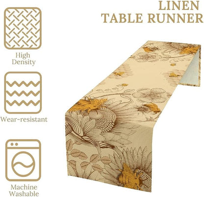 Vintage Bee Table Runner, Rustic Retro Wildflowers Print Home Farmhouse Table Cover for Party Indoor Outdoor Decoration Kitchen Dining Table Decor, 13x60inch