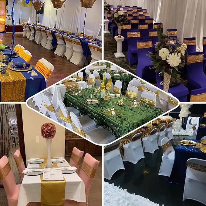 Sequin Chair Sashes Stretch Chair Bands Spandex Polyester Bows for Party Hotel Wedding Banquets Decoration - 6 Pcs White