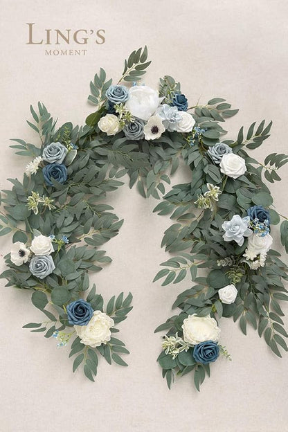 Ling's Moment Flower Garland - 6FT Eucalyptus & Rose - Sweetheart Table Decor for Wedding Reception, Artificial Arch Floral Garland for Mantle, Christmas, Beach Decoration, Dusty Blue & White