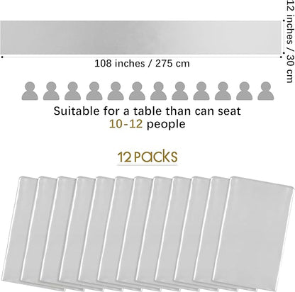 Aneco 12 Pack Satin Table Runner 12 x 108 Inch Light Silver Long Wedding Satin Silk Table Runner for Wedding Banquet Graduations Birthday Party Decoration