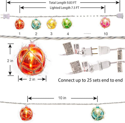 Nautical Fishing Float String Lights, Beach Themed Buoy Lights Set of 10 Multicolor String Lights for Indoor Home Decor and Outdoor Patio Decorations