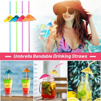 Paxcoo 100pcs Umbrella Straws - Hawaiian Luau Party Straws for Drinks Decorations (Assorted Colors)
