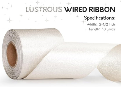 Champagne Satin Wired Ribbon 2-1/2 Inch Double-Faced Sliver Glitter Christmas Ribbons for Wreath, Tree Decoration, Gift Wrapping, Home Decor 10 Yards